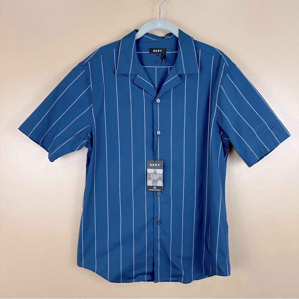 DKNY Blue Short Sleeve Button-Down Shirt with White Pinstripes